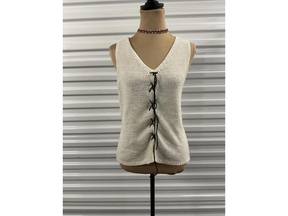 Vintage august silk Sleeveless Knit Top with Lace-Up Detail – Cream – Size large